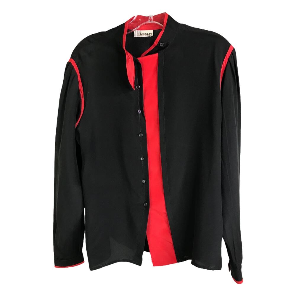 Dana Vintage Blouse Womens Black Red Trim Silk Long Sleeves Button‎ Front
